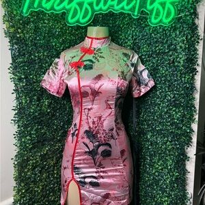 Pink Satin Oriental Mini Dress